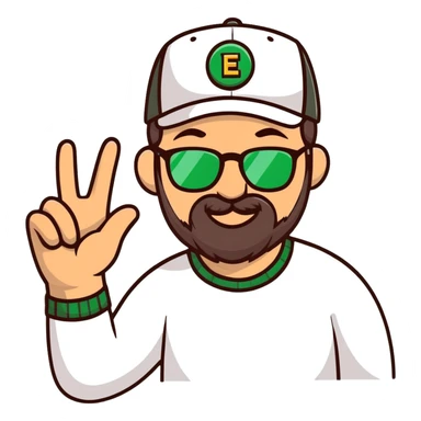 A man with a cap and glasses with dark brown beard and green eyes is waving with a hand hello sticker