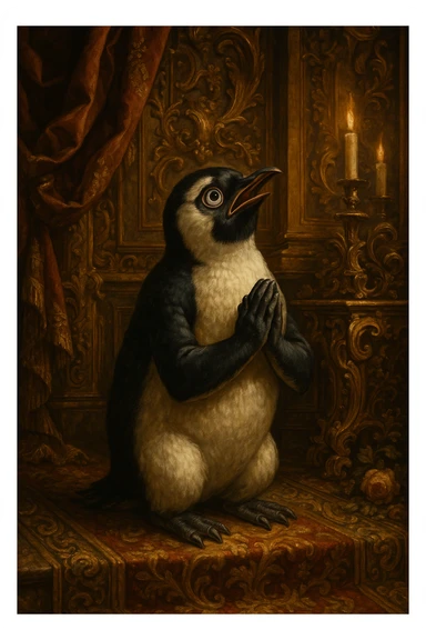 a dramatic penguin on its knees, flippers clasped together, eyes wide, begging and praying, in ornate baroque style, elaborate details, gold accents, dramatic lighting sticker