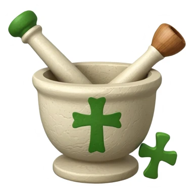 mortar with pestle, with green cross on mortar. only one pestle sticker