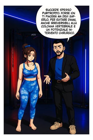 fai questa immagine in versione manga/webtoon a colori, il manga mostra l'uomo che risponde alla donne:
Succede spesso purtroppo. 
Forse non ti piacerà ma devi saperlo, per evitare danni, anche irreversibili, alla colonna vertebrale e un potenziale intervento chirurgico. sticker