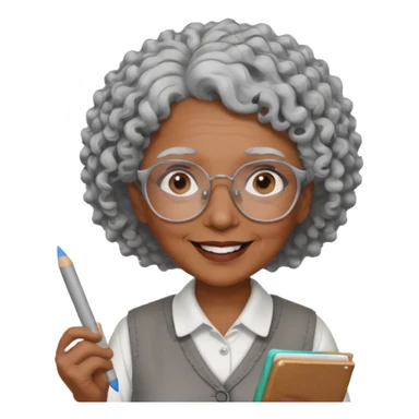 old woman teacher, brown skin, curly grey white hai, wearing glasses, hold chalk on hand sticker