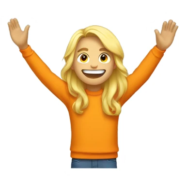 a teenager who only sees his torso and who has long blond hair and a yellow sweater and an orange backpack who has a big smile and who raises his arms in the air while looking up sticker