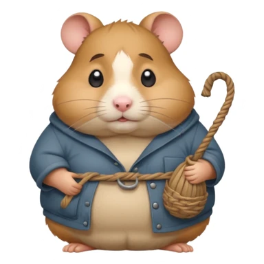 Fat cartoon-style hamster hobo carrying a bindle over its shoulder with a sad expression. sticker