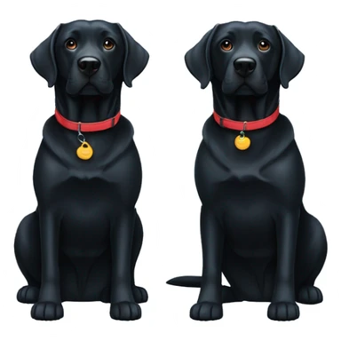 2 black labradors. one on left is smaller with a light blue collar. dog on right with red collar. sticker