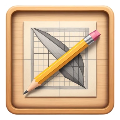 A pencil placed over a square paper grid, representing the sketching phase of a logo sticker