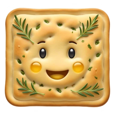 Cinematic Realistic Focaccia Bread Dish Emoji, depicted as a golden, olive oil brushed flatbread sprinkled with herbs rendered with lifelike texture and soft, appetizing lighting. sticker