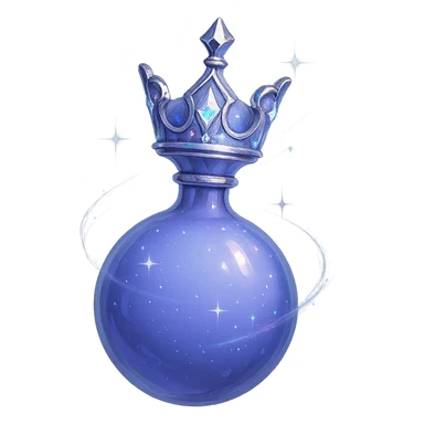 galutinis itin prabangus mažas eliksyro buteliukas, įkvėptas karūnos formos viršuje, spalva #7986cb, apačia sklandžiai pereina į apvalų, uždarą buteliuką (ne plokščia, ne stiklinė), visas buteliukas atrodo tarsi sklandytų ir suktųsi ore, elegantiškos sidabrinės ir holografinės detalės, magiški švytėjimai ir blizgesiai, labai mažas kaklelis, vientisa apvali apačia, skaidrus fonas, be pagrindo ar šešėlio, modernus, kolekcijai tinkamas stilius sticker