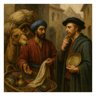 Сгенерируй в стиле реалистичной живописи как в средневековья человек с верблюдом предлагает европейцу товары sticker