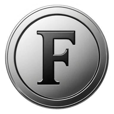 Emoji icon of a metal coin with engraved letter F, minimalist style, isolated, only black color sticker