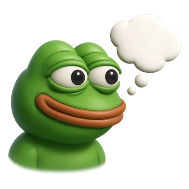 make a pepe in bright green smiling with thought bubble looking at left side in 3d style, good highlights and shadows, drop shadows sticker