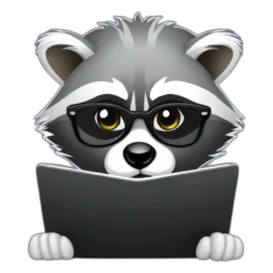 racoon wearing glasses and a white tee working on a black laptop sticker