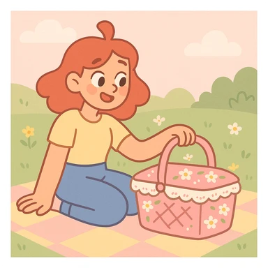 pink cottagecore picnic basket with lace and flowers, gentle pastel tones, cozy and inviting sticker