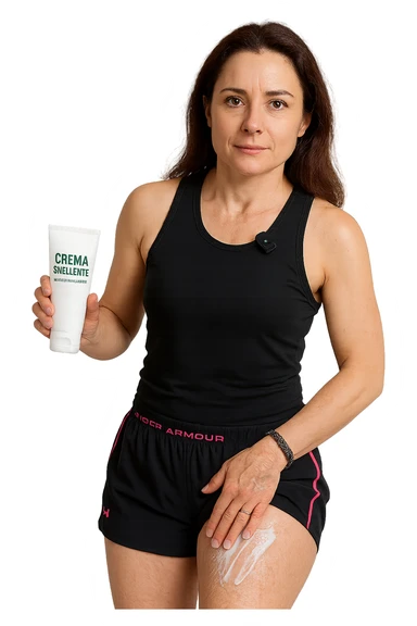 Donna con cellulite sulle cosce che usa una crema chiamata "Crema snellente" senza mano in alto sticker