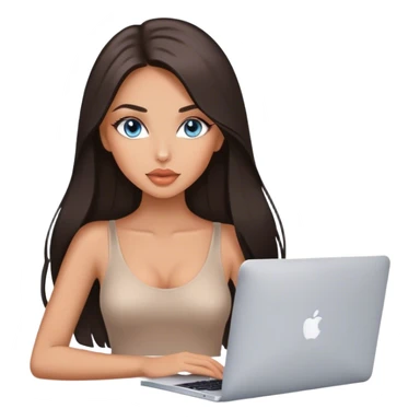 Glamours tanned very beautiful girl with pump peach nude lips and dark chocolate straight smooth long hair, blue-grey eyes with MacBook sticker