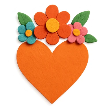 an orange heart with a crown of colorful flowers, paper craft style, layered paper look sticker