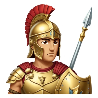 Cinematic-realistic Achilles emoji portrait fearlessly on the battlefield of Troy. His trojan armor gleams , each intricate engraving telling tales of his past glories. His piercing gaze locks onto his foe, his grip tightening around his spear.  sticker
