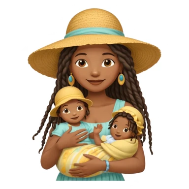 A black mom with long dread lock hair in a sunhat holding her baby gently, wearing a sun-dress while smiling softly. sticker