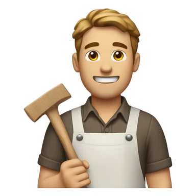 "A sturdy man with rough hands, short light brown hair, and a friendly, naive expression. He wears a work apron over simple clothes and holds a hammer or wood in a rustic workshop." sticker