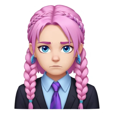 Long-pale-pastel-pink-hair with one braid on each side, grumpy expression, purple-pink feather-ear-cuffs in hair, black bodysuit, blue eyes, pink iris, blue tie sticker