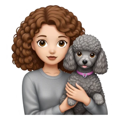 A girl with caramel brown hair holding a grey poodle sticker