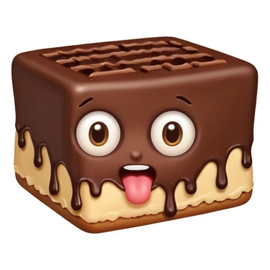 Funny cartoon rectangular chocolate mini pastry, slightly messy and squished, chocolate dripping, big round eyes, wide open mouth, playful surprised expression, text above: "ПАСТИЧКА", chibi style, Twitch emoji style, transparent background, colorful
``


 sticker