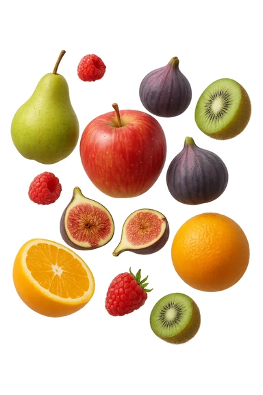 Pere, mele, lamponi, fichi, kiwi, arance FLUTTUANO IN ARIA, IPERREALISTICO 4K sticker