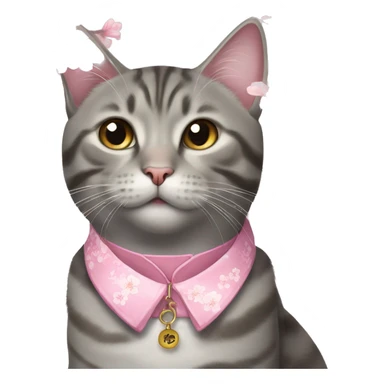 Grey tabby cat wearing a pink collar with one cherry blossom hanging from t sticker