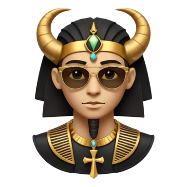 3D cartoon horned character portrait, wearing sunglasses, gothic ancient Egyptian style, pharaoh collar, dark gold and black outfit, ankh symbols, Egyptian jewelry, mysterious expression, soft dramatic lighting, centered, clean background, no text, no watermark sticker