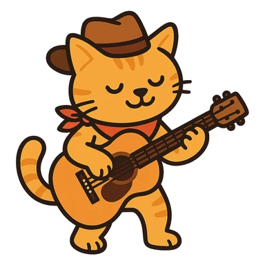 flat toon orange cowboy cat strumming an acoustic guitar sticker