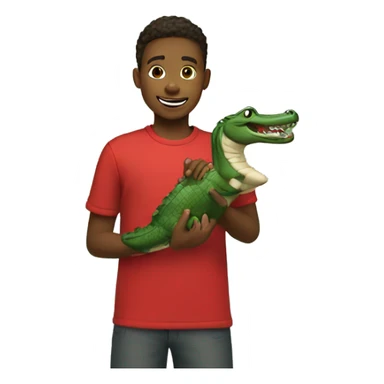 boy in red shirt outdoors holding alligator sticker