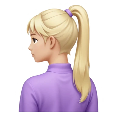 back view of a person with a high light blonde ponytail, wearing pastel purple clothes, iOS Apple emoji style sticker