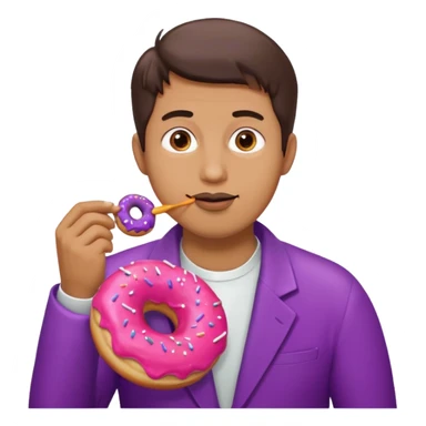 A man eating a pink donut and an eggplant covered in white sauce sticker