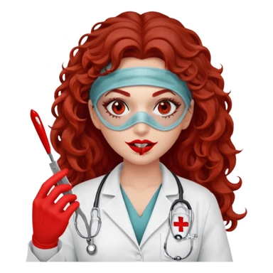 Scary woman scalpel in hand, evil surgeon sexy surgeon clothes.  She has red eyes. Her  brown long curly hair. Wears sexy doctor outfit with red gloves. make her hair free and brown but have mouthy  wear  mask  to hide. Wears white surgeon jacket and  face under a veil sticker