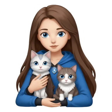 gorgeous Girl with light skin, blue eyes, long brown hair, wears a ravenclaw outfit, with a grey and white cat holding in her arms sticker