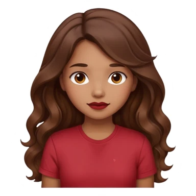Light brown girl with long wavy brunette hair and blush, wearing dark red tshirt sticker