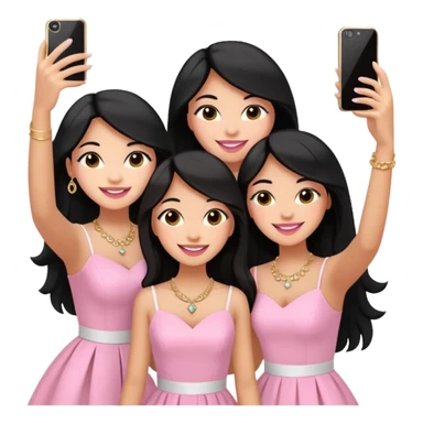 Just 3 besties with professional glammed up looks wearing pink and white, all medium skin tone smiling big with black long hair. Very girly wearing simple jewelry, taking a selfie  sticker