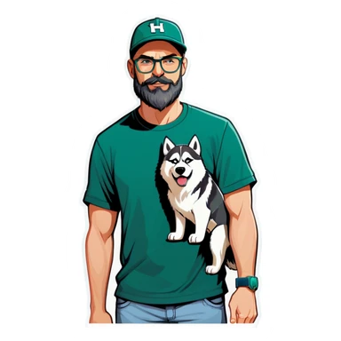 A bold man with a grey baseball cap, green eyes, big beard and glasses next to a husky dog sticker