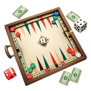 A photorealistic icon featuring a backgammon board with dice, a Monopoly board with money and property cards and a Game of Life spinner. The design captures the detailed textures of the boards, pieces, and accessories. Transparent background. sticker