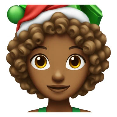 A brown skin girl with curly hair in a Christmas hat with a red and green gift in hand. sticker