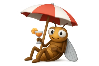 EMOJI STILE IPHONE 3D DI UNA CICALA CHE STA RILASSATA SEDUTA SOTTO L'OMBRELLONE IN SPIAGGIA CON UN COCKTAIL IN MANO, FAGLI GLI OCCHI CON LA PARTE BIANCA, NON SOLO LA PUPILLA sticker