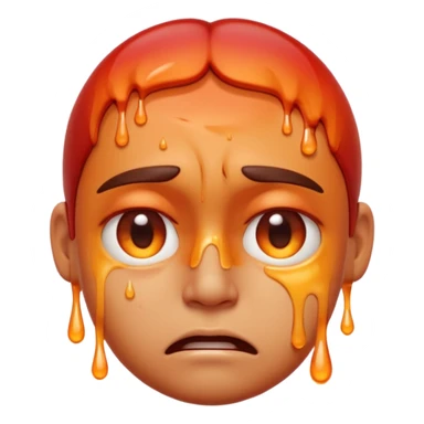 Apple-style emoji illustration of a person melted, overheated face with sweat drops, half-closed exhausted eyes, annoyed or angry expression, warm orange and red tones, soft 3D emoji style, smooth gradients, rounded shapes, centered composition. sticker
