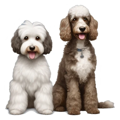 Brown and white poodle beside a grey aussiedoodle sticker