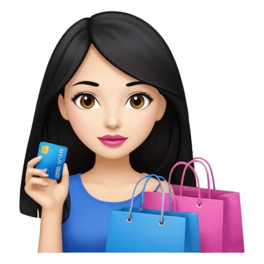 Girl with long black hair and crown, pink lipstick, brown eyes holding shopping bags and blue credit card sticker