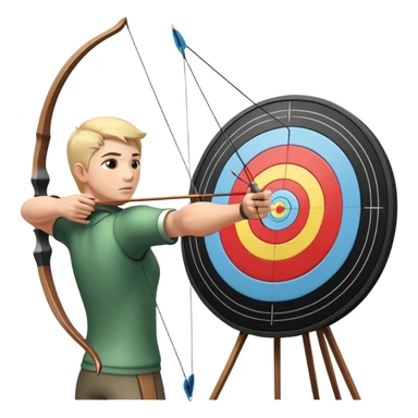 An archer pulling back a bowstring, aiming at a target in the distance. The target features concentric rings, and the scene conveys focus and precision. The background captures the essence of an outdoor archery range, highlighting skill and concentration in the sport. sticker
