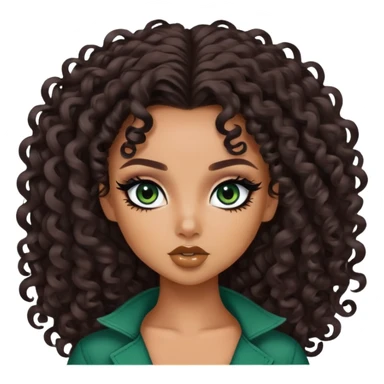 curly long dark brown hair, tan skin,  dark green iris, pretty bratz baddie, black eyeliner sticker