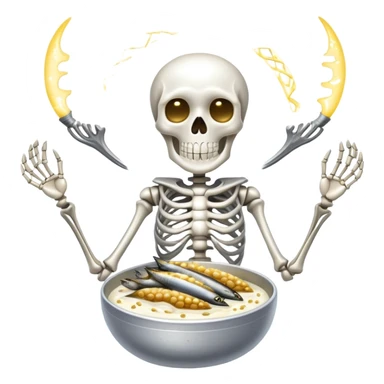 Silvery sardines, bright white yogurt, and golden sesame seeds orbiting around a glowing skeleton, with light beams connecting them to bones sticker