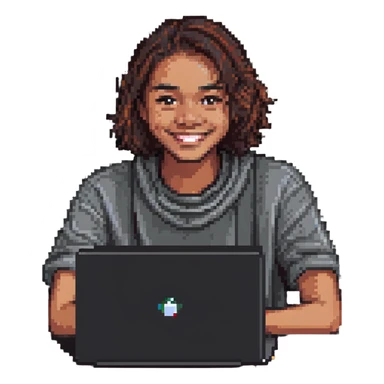 college student smiling in front of his laptop sticker