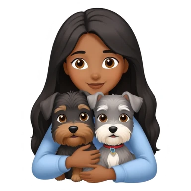 A black long-haired girl happily hugs a Schnauzer sticker