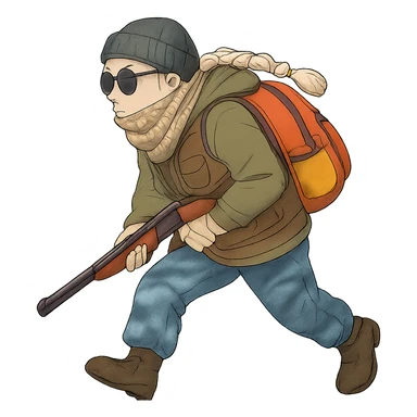 1 female, long white braid, knit cap, dark sunglasses, shemegh neckwrap, fishing vest, vibrant shool backpack, drab hoodie, handwraps, blue camo pants, Blaser Bbf-95, hunched over, on the move sticker