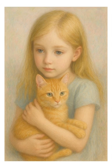a blonde girl with blue eyes holding an orange tabby cat, soft pastel colors sticker
